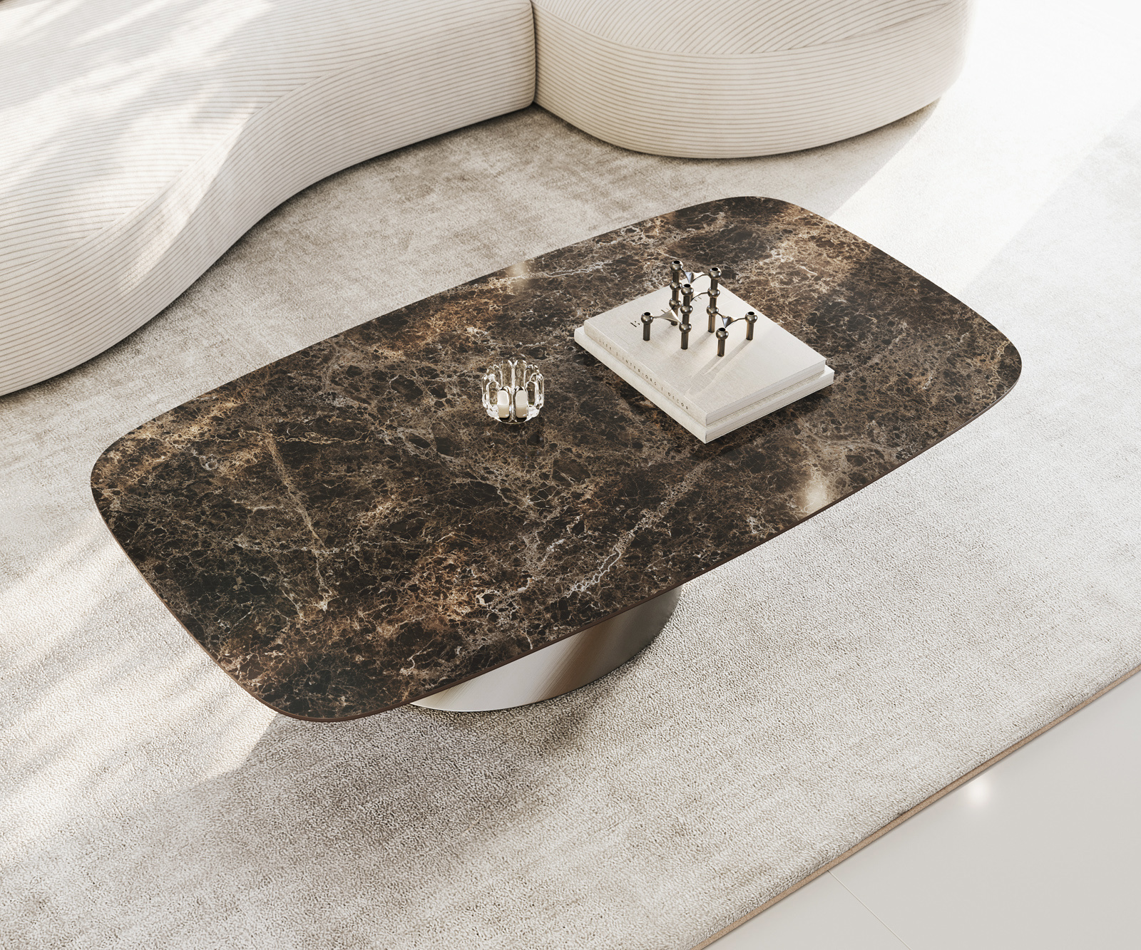 Dohányzóasztal Edge hajóformájú 140x80 cm Laminam® kerámia Emperador Extra Lucidato sötétbarna kúpos rozsdamentes acél szálcsiszolt - Image 4