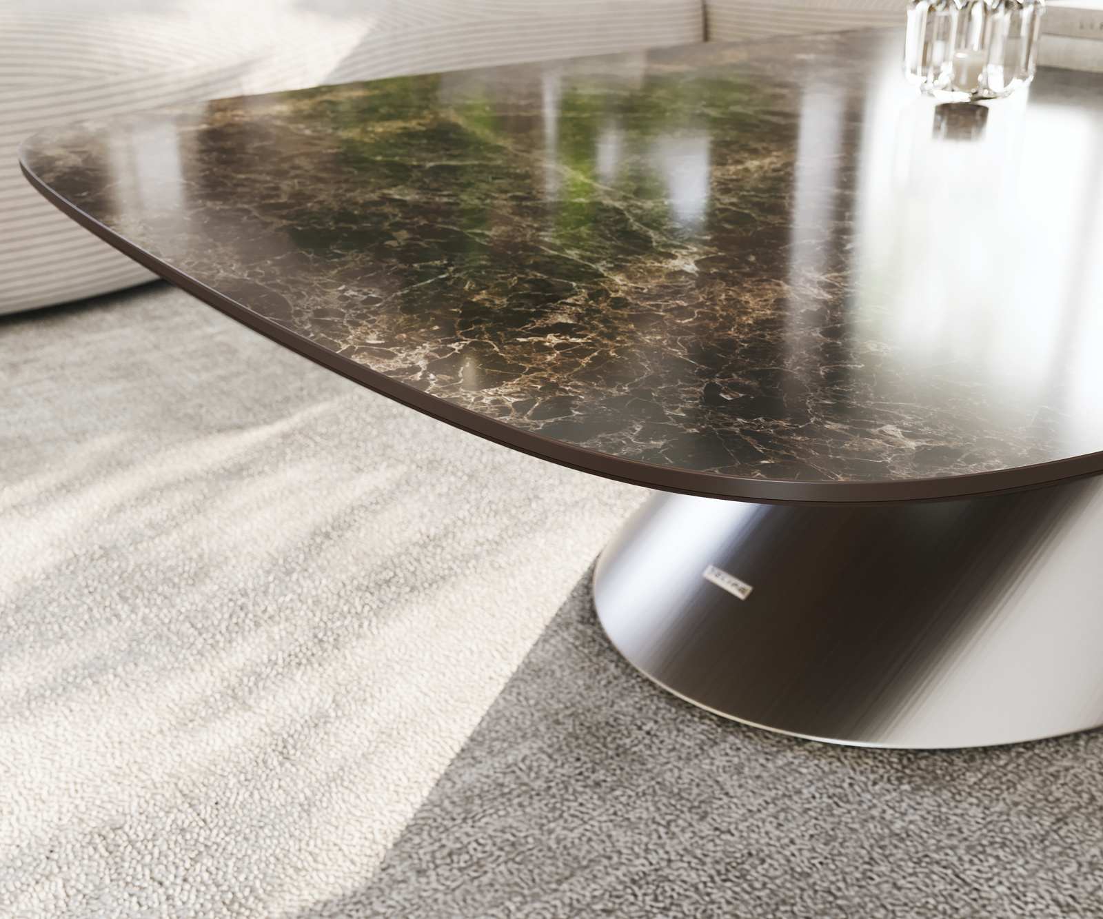 Dohányzóasztal Edge hajóformájú 140x80 cm Laminam® kerámia Emperador Extra Lucidato sötétbarna kúpos rozsdamentes acél szálcsiszolt - Image 6