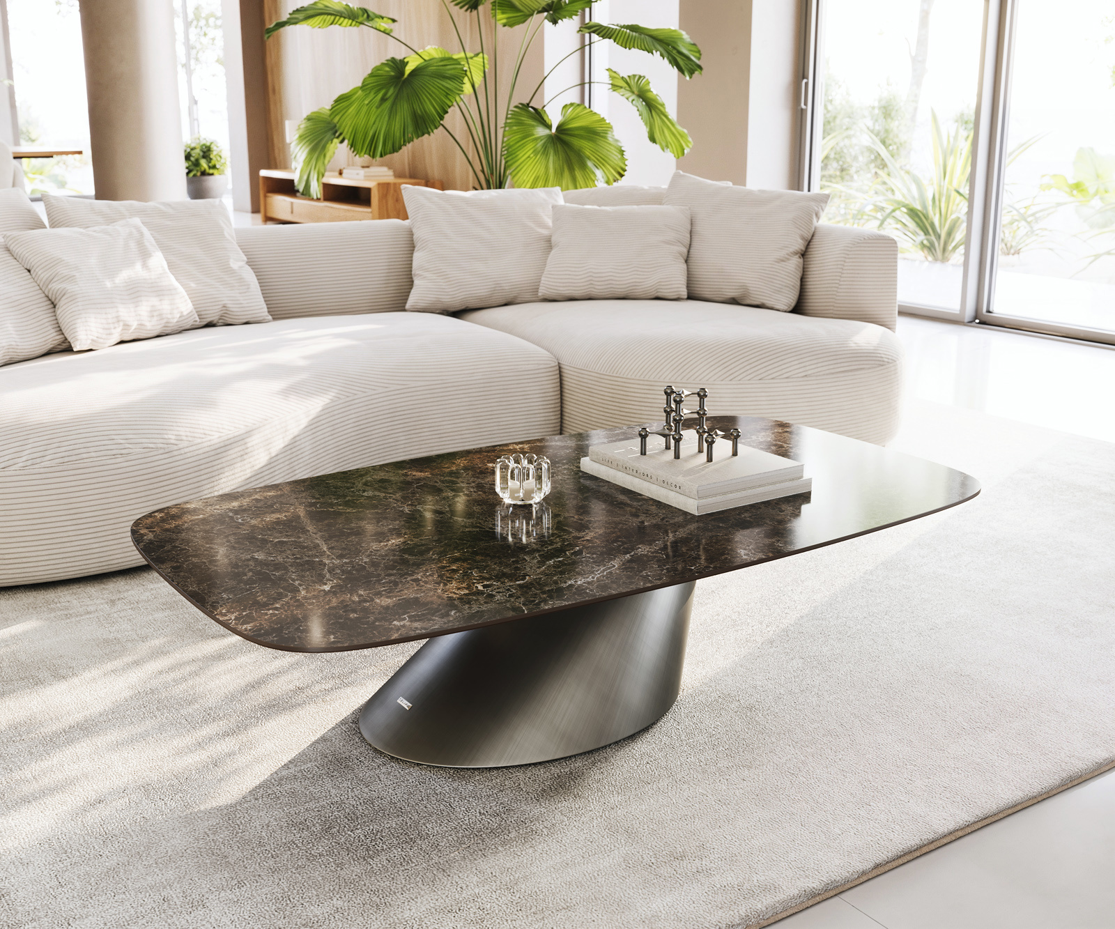 Dohányzóasztal Edge hajóformájú 140x80 cm kerámia Laminam® Emperador Extra Lucidato sötétbarna kúpos metál ezüst