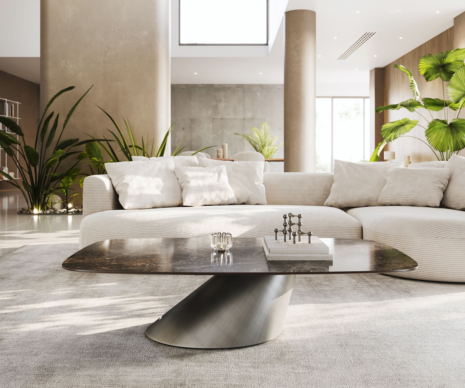 Dohányzóasztal Edge hajóformájú 140x80 cm kerámia Laminam® Emperador Extra Lucidato sötétbarna kúpos metál ezüst - Image 2