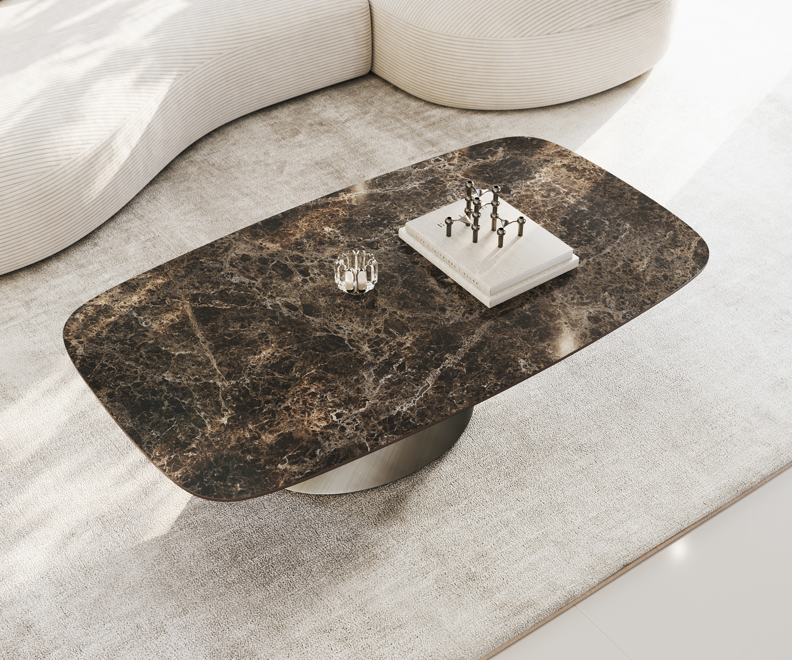 Dohányzóasztal Edge hajóformájú 140x80 cm kerámia Laminam® Emperador Extra Lucidato sötétbarna kúpos metál ezüst - Image 4