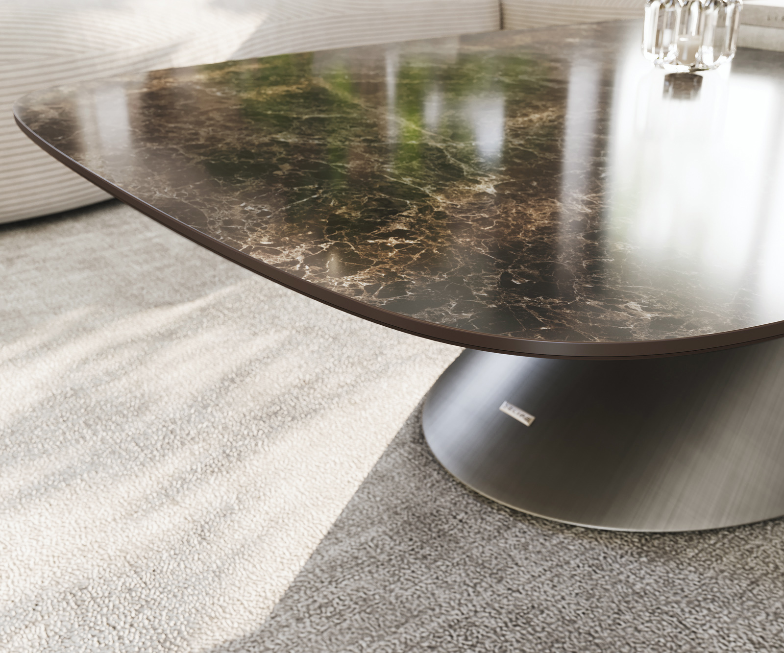 Dohányzóasztal Edge hajóformájú 140x80 cm kerámia Laminam® Emperador Extra Lucidato sötétbarna kúpos metál ezüst - Image 6
