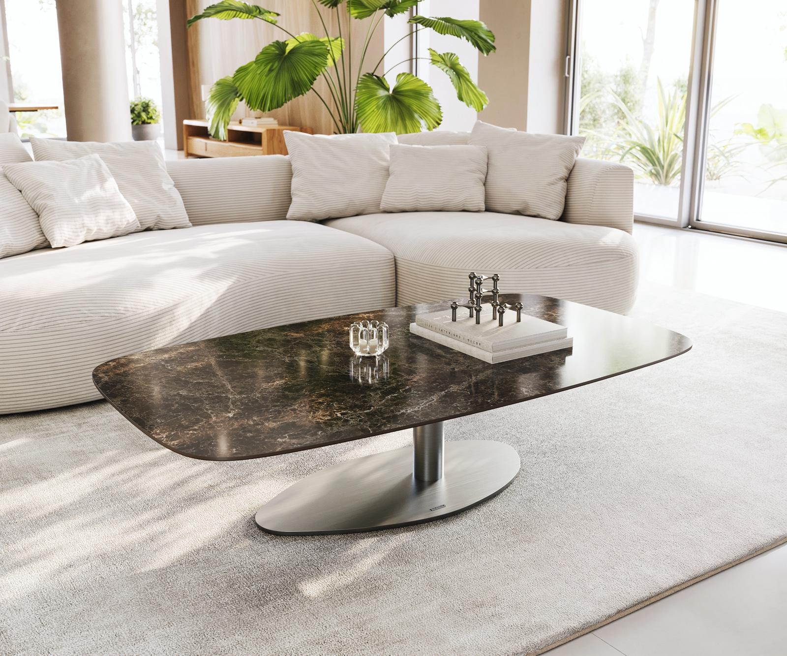 Dohányzóasztal Edge hajóformájú 140x80 cm Laminam® Emperador kerámia extra fényes sötétbarna Vibany rozsdamentes acél szálcsiszolt