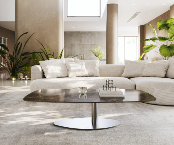 Dohányzóasztal Edge hajóformájú 140x80 cm Laminam® Emperador kerámia extra fényes sötétbarna Vibany rozsdamentes acél szálcsiszolt - Image 2