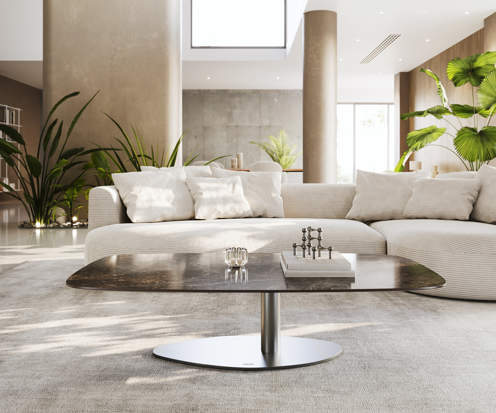 Dohányzóasztal Edge hajóformájú 140x80 cm Laminam® Emperador kerámia extra fényes sötétbarna Vibany rozsdamentes acél szálcsiszolt - Image 2
