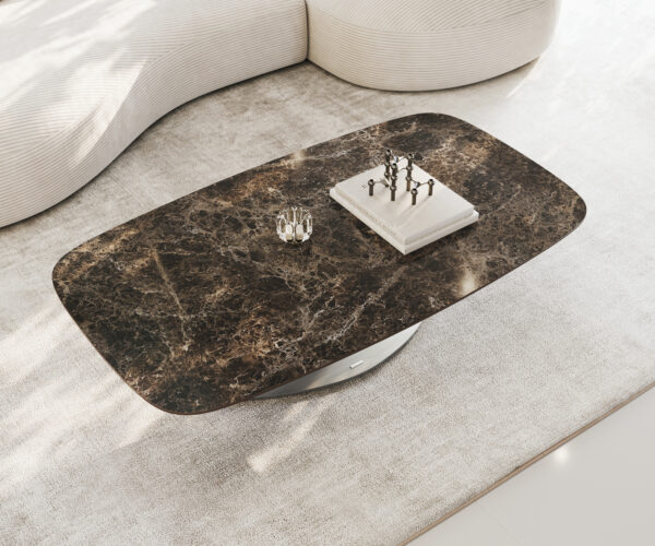 Dohányzóasztal Edge hajóformájú 140x80 cm Laminam® Emperador kerámia extra fényes sötétbarna Vibany rozsdamentes acél szálcsiszolt - Image 4