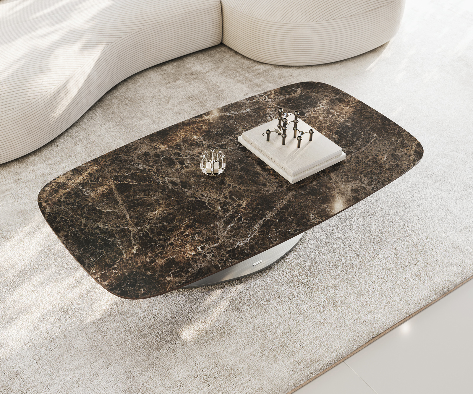 Dohányzóasztal Edge hajóformájú 140x80 cm Laminam® Emperador kerámia extra fényes sötétbarna Vibany rozsdamentes acél szálcsiszolt - Image 4