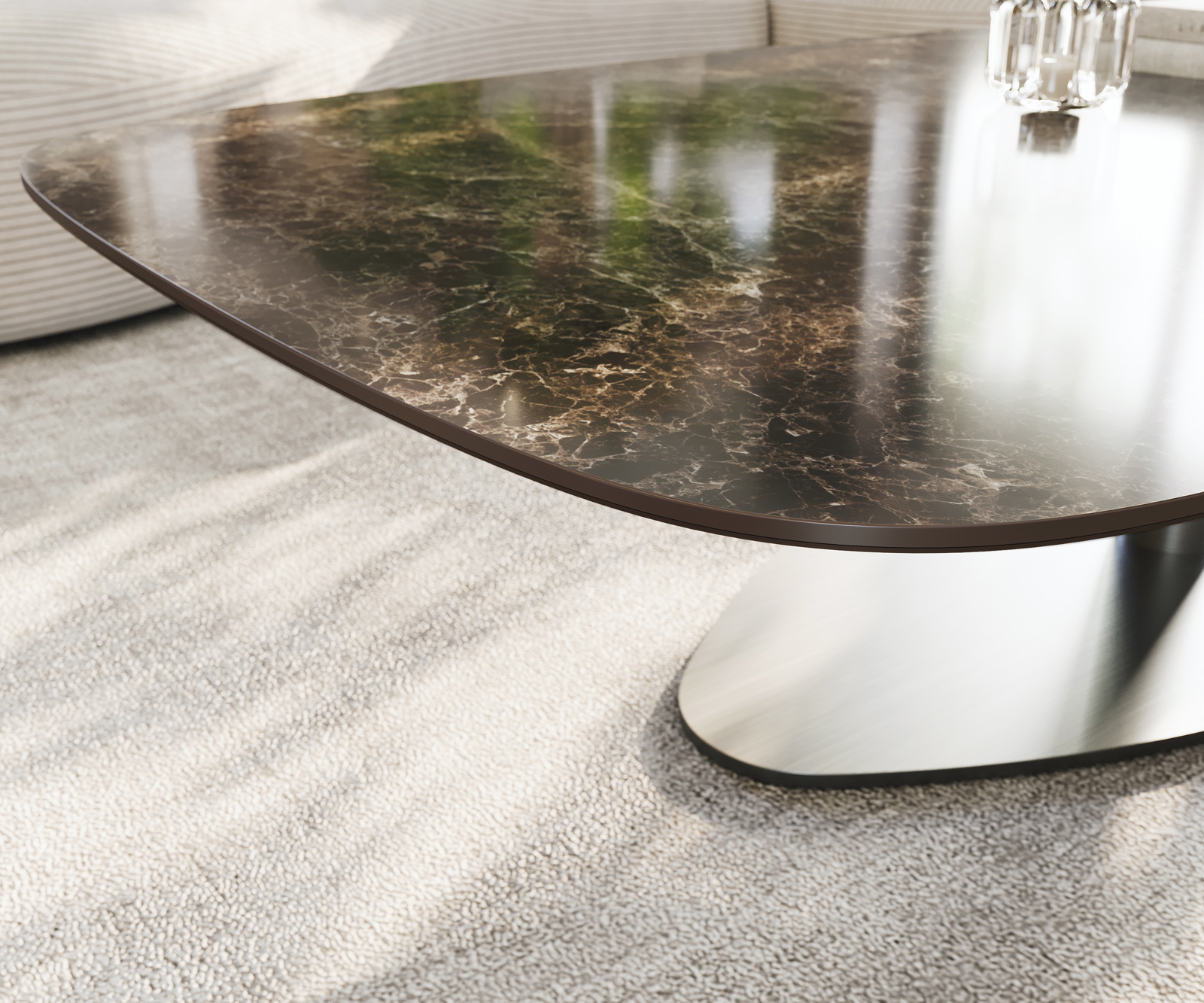 Dohányzóasztal Edge hajóformájú 140x80 cm Laminam® Emperador kerámia extra fényes sötétbarna Vibany rozsdamentes acél szálcsiszolt - Image 6
