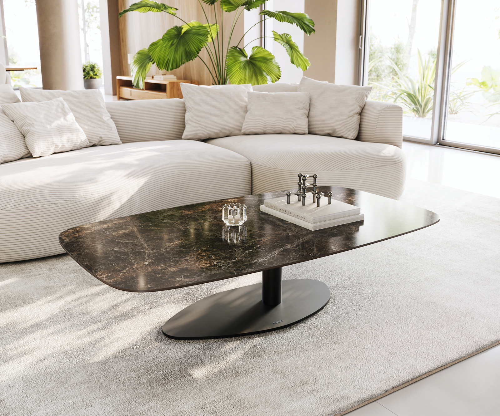 Dohányzóasztal Edge hajóformájú 140x80 cm Laminam® Emperador extra polírozott sötétbarna Vibany fém fekete