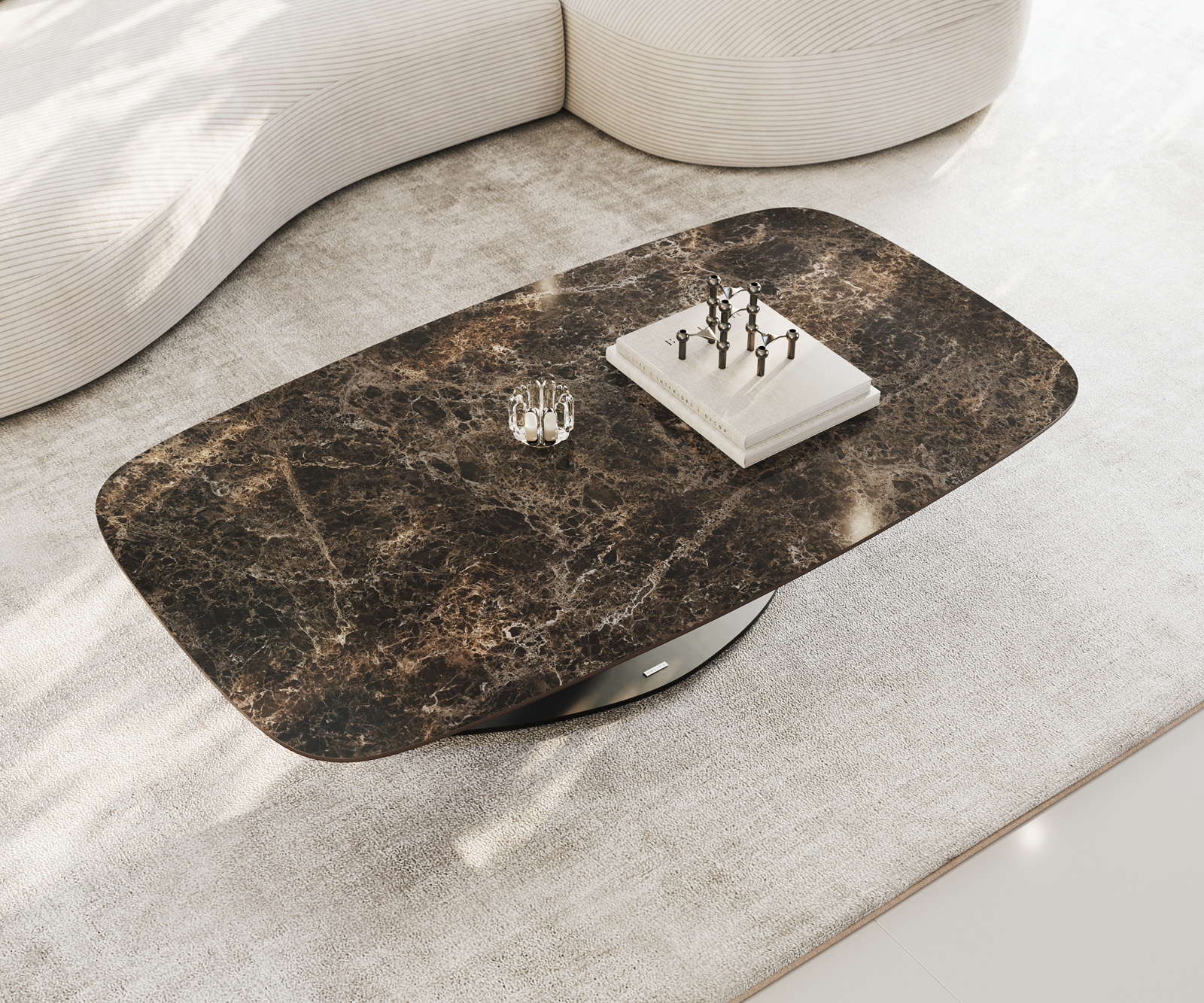 Dohányzóasztal Edge hajóformájú 140x80 cm Laminam® Emperador extra polírozott sötétbarna Vibany fém fekete - Image 4