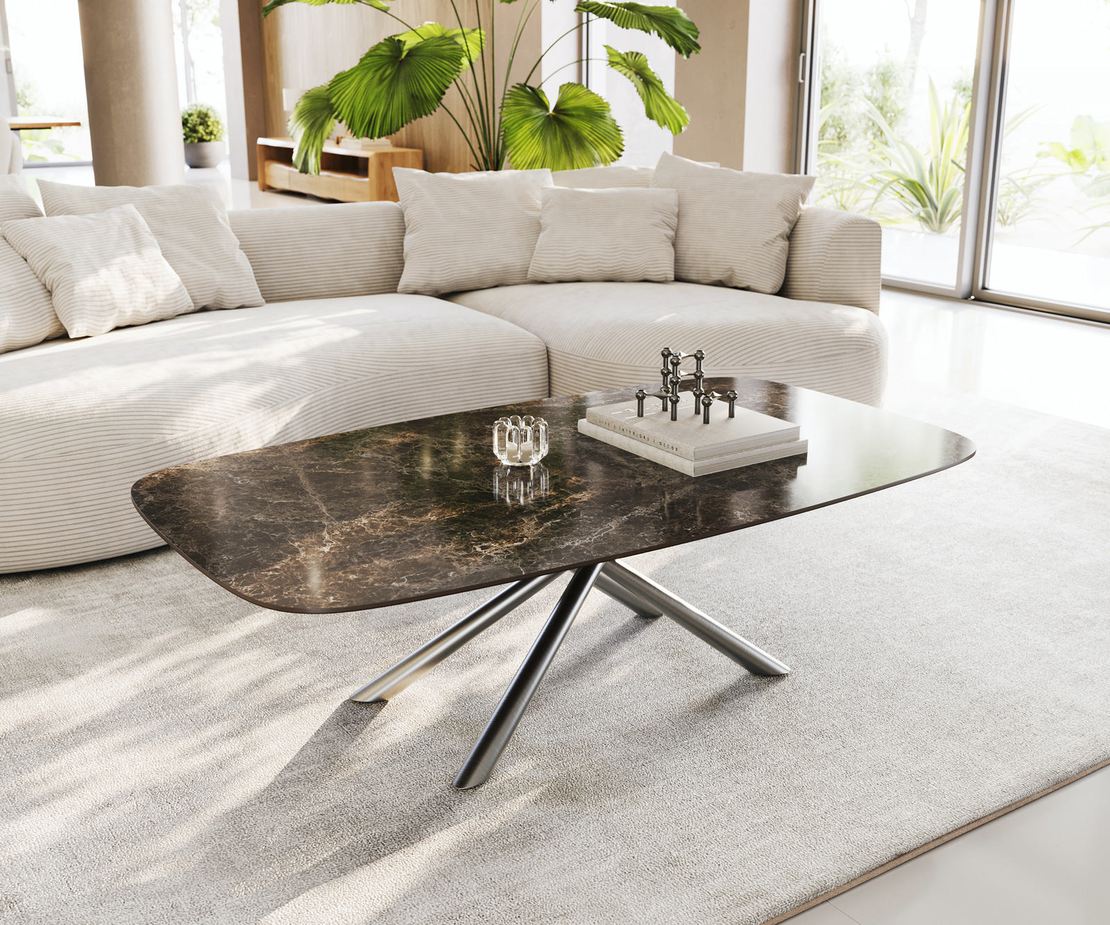 Dohányzóasztal Edge hajóformájú 140x80 cm Laminam® Emperador kerámia extra fényes sötétbarna Sarity rozsdamentes acél szálcsiszolt