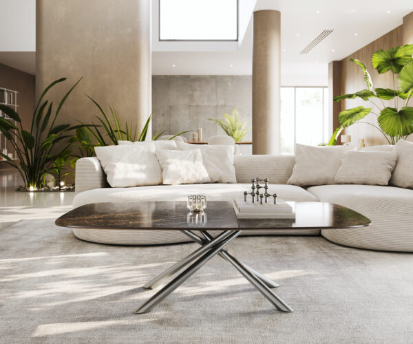Dohányzóasztal Edge hajóformájú 140x80 cm Laminam® Emperador kerámia extra fényes sötétbarna Sarity rozsdamentes acél szálcsiszolt - Image 2