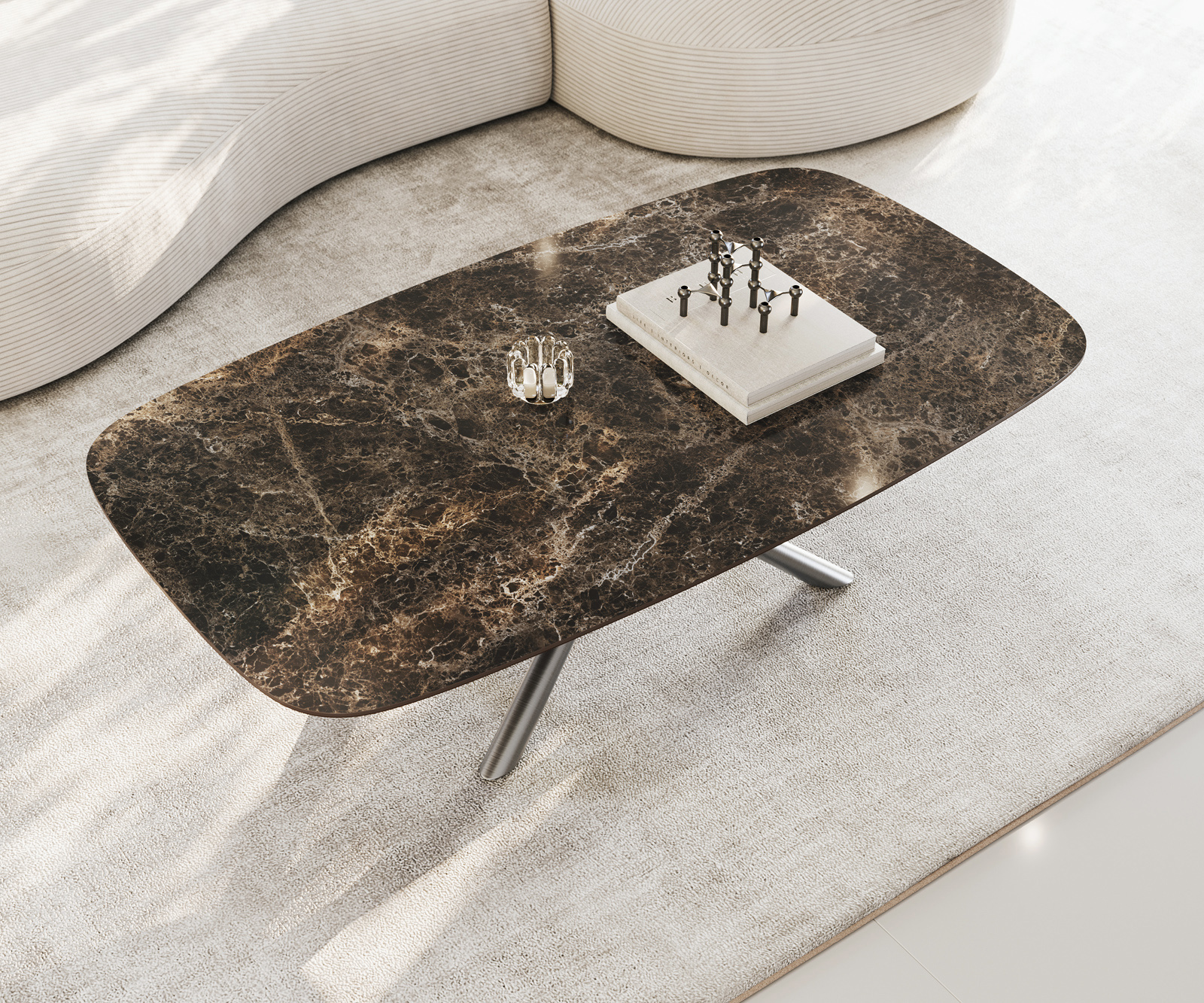 Dohányzóasztal Edge hajóformájú 140x80 cm Laminam® Emperador kerámia extra fényes sötétbarna Sarity rozsdamentes acél szálcsiszolt - Image 4