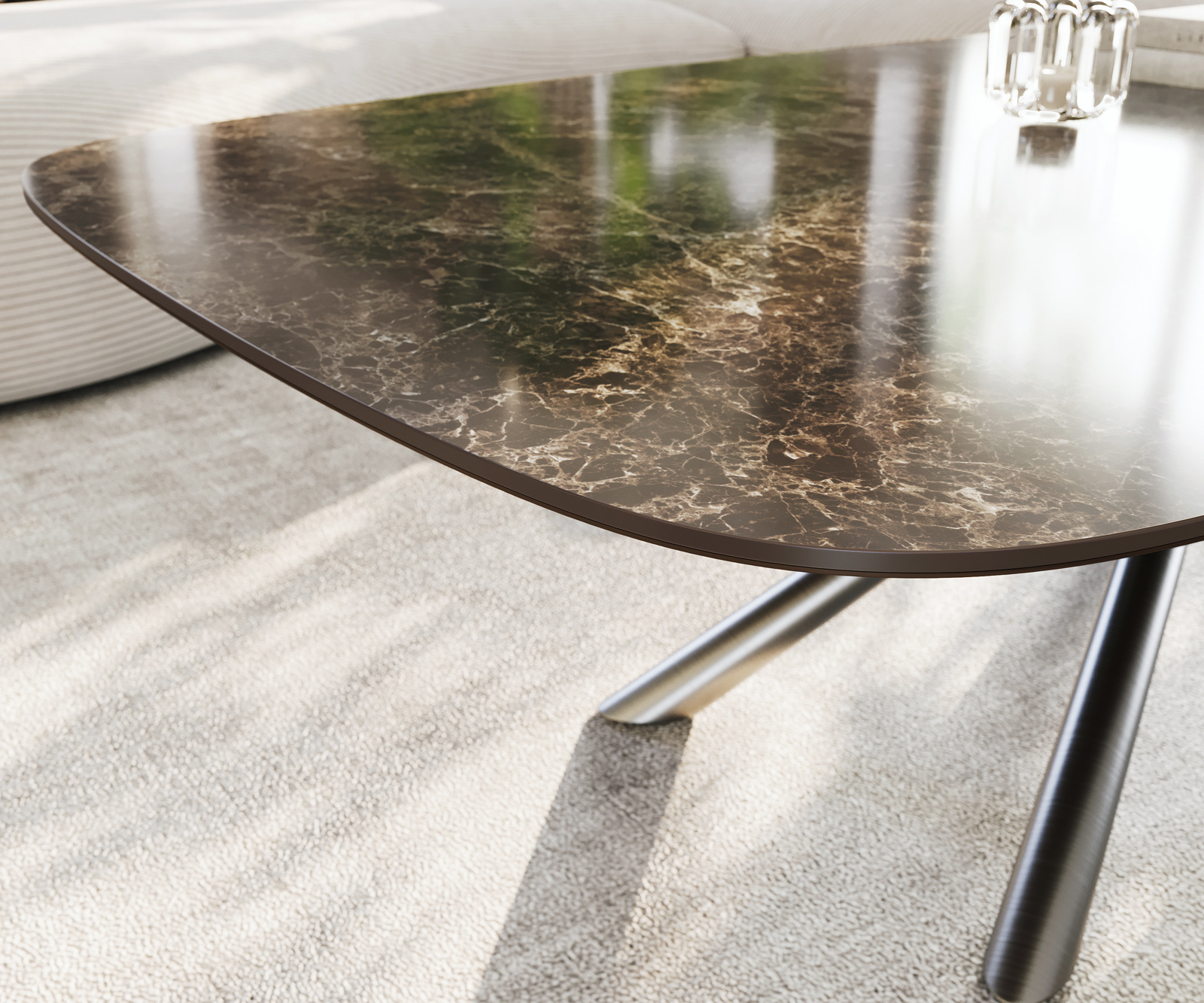 Dohányzóasztal Edge hajóformájú 140x80 cm Laminam® Emperador kerámia extra fényes sötétbarna Sarity rozsdamentes acél szálcsiszolt - Image 6
