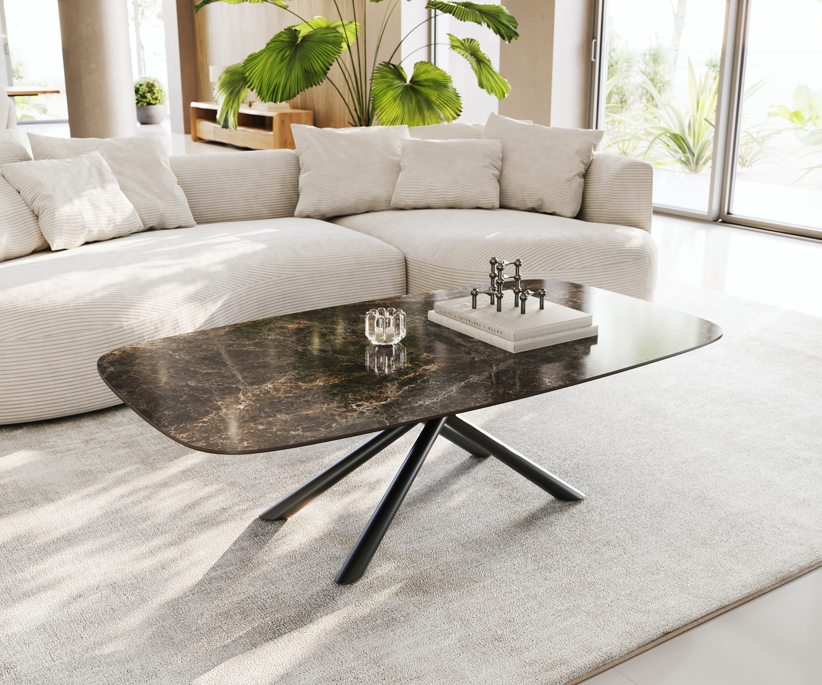 Dohányzóasztal Edge hajóformájú 140x80 cm Laminam® Emperador Extra Lucidato kerámia sötétbarna Sarity fém fekete