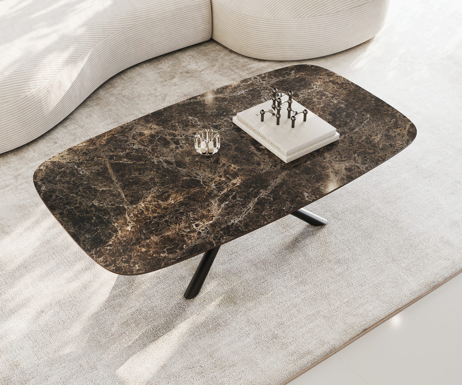 Dohányzóasztal Edge hajóformájú 140x80 cm Laminam® Emperador Extra Lucidato kerámia sötétbarna Sarity fém fekete - Image 4