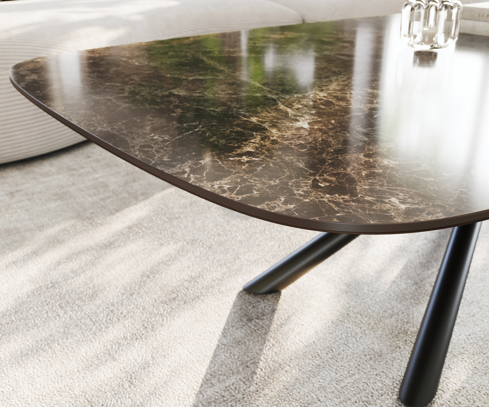 Dohányzóasztal Edge hajóformájú 140x80 cm Laminam® Emperador Extra Lucidato kerámia sötétbarna Sarity fém fekete - Image 6