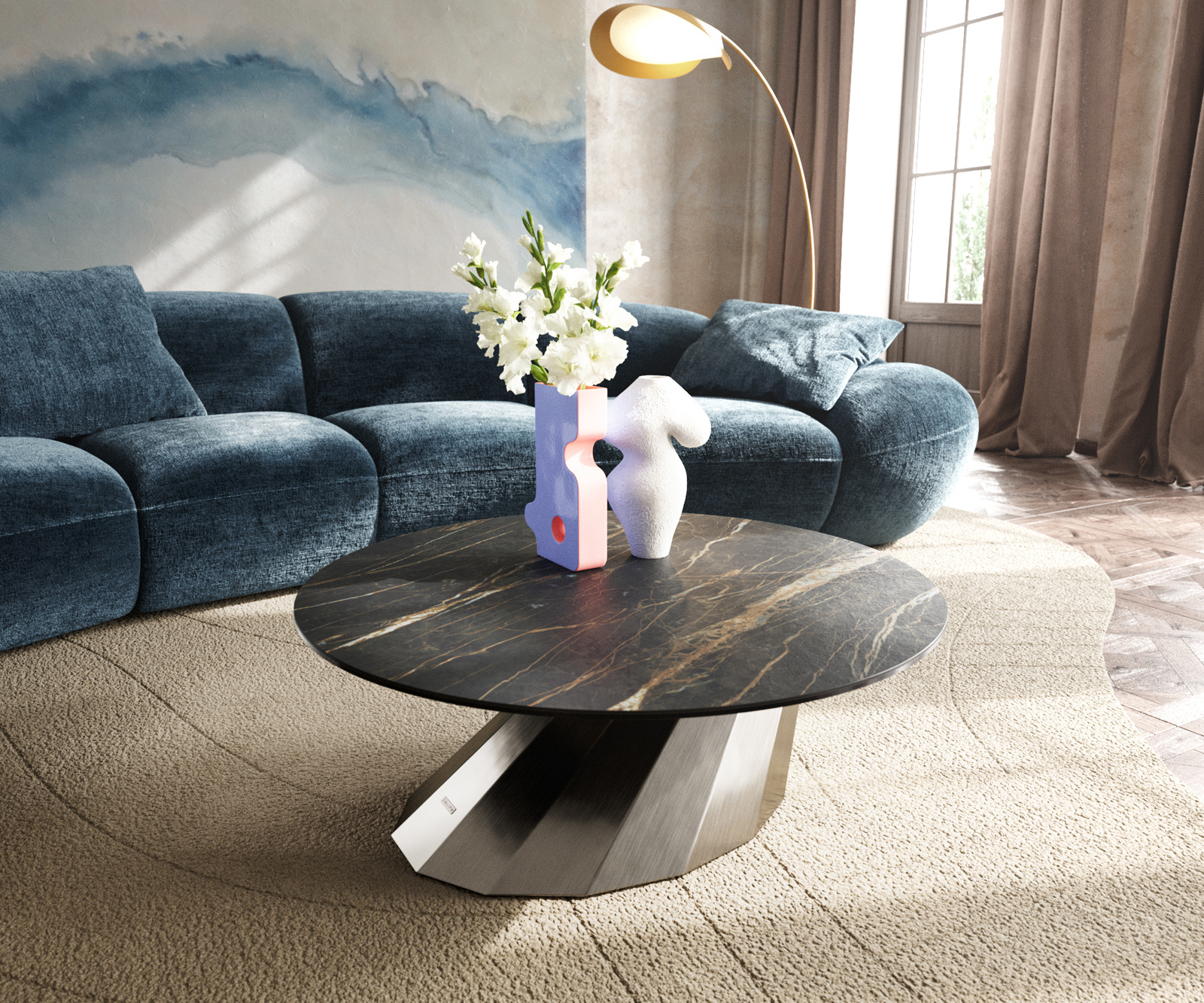 Dohányzóasztal Edge kerek 90x90 cm Laminam® kerámia Noir Desir barna parabi szálcsiszolt rozsdamentes acél