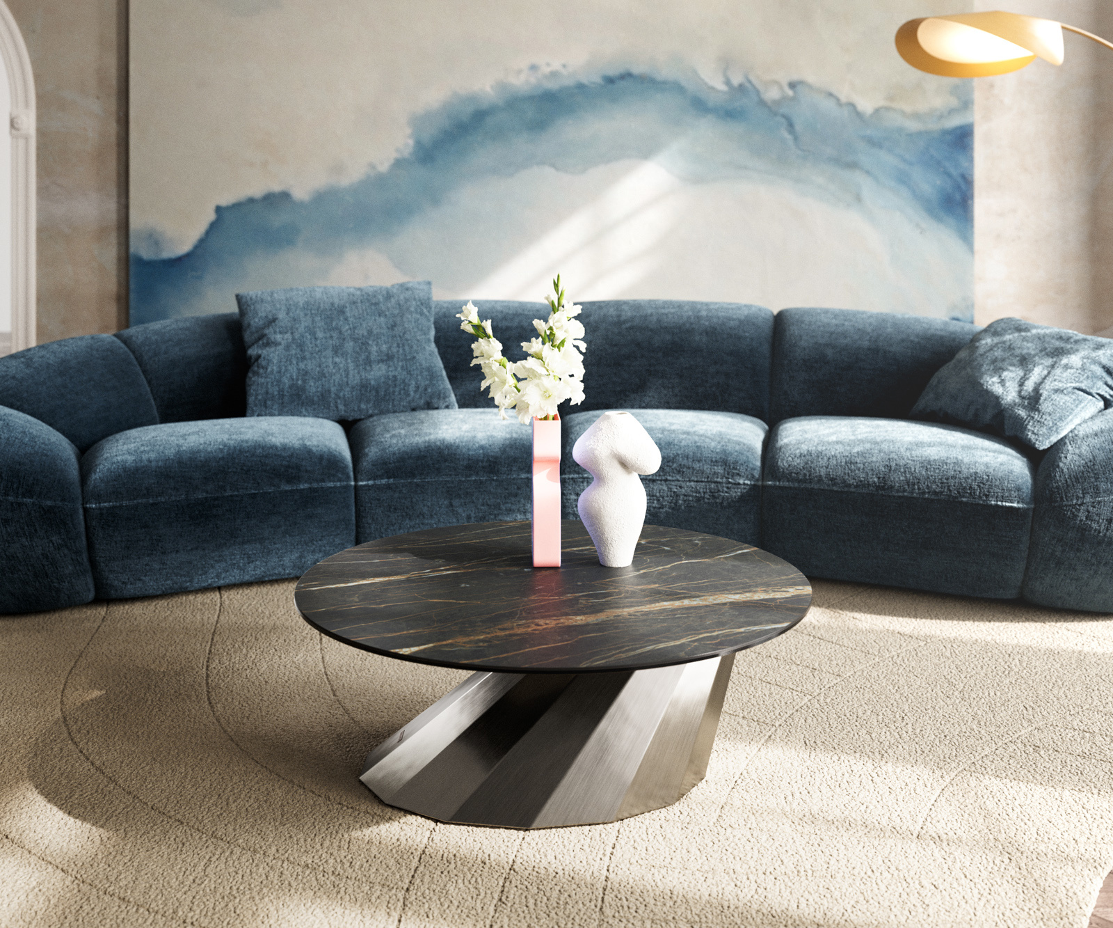 Dohányzóasztal Edge kerek 90x90 cm Laminam® kerámia Noir Desir barna parabi szálcsiszolt rozsdamentes acél - Image 2