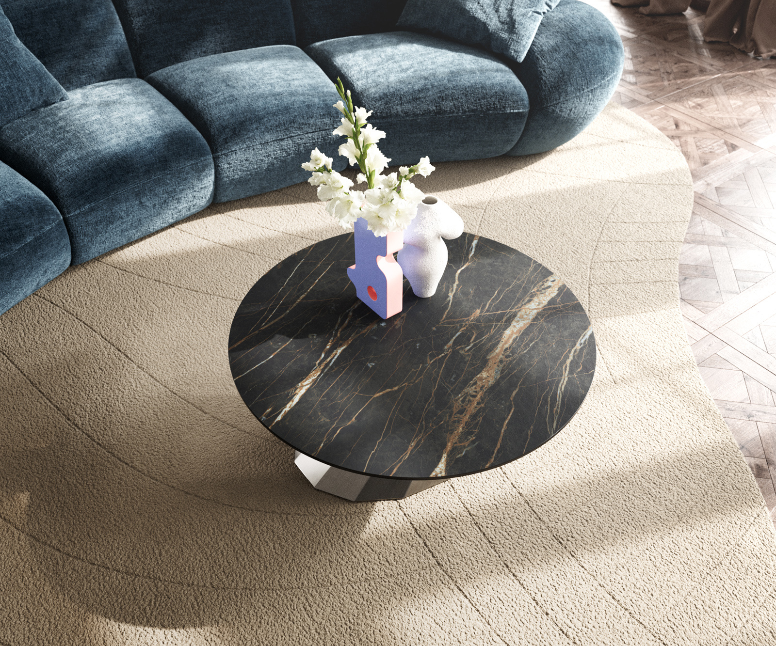 Dohányzóasztal Edge kerek 90x90 cm Laminam® kerámia Noir Desir barna parabi szálcsiszolt rozsdamentes acél - Image 4