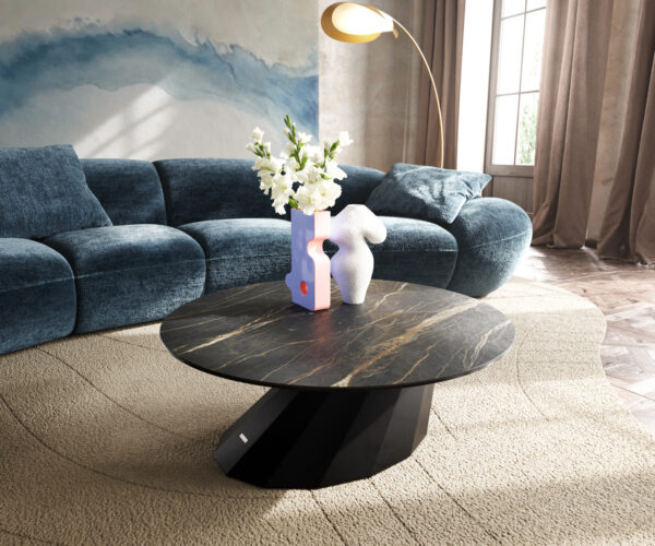 Dohányzóasztal Edge kerek 90x90 cm Laminam® kerámia Noir Desir barna Parabi fém fekete