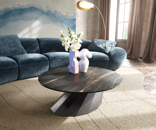 Dohányzóasztal Edge kerek 90x90 cm Laminam® kerámia Noir Desir barna Parabi metál ezüst
