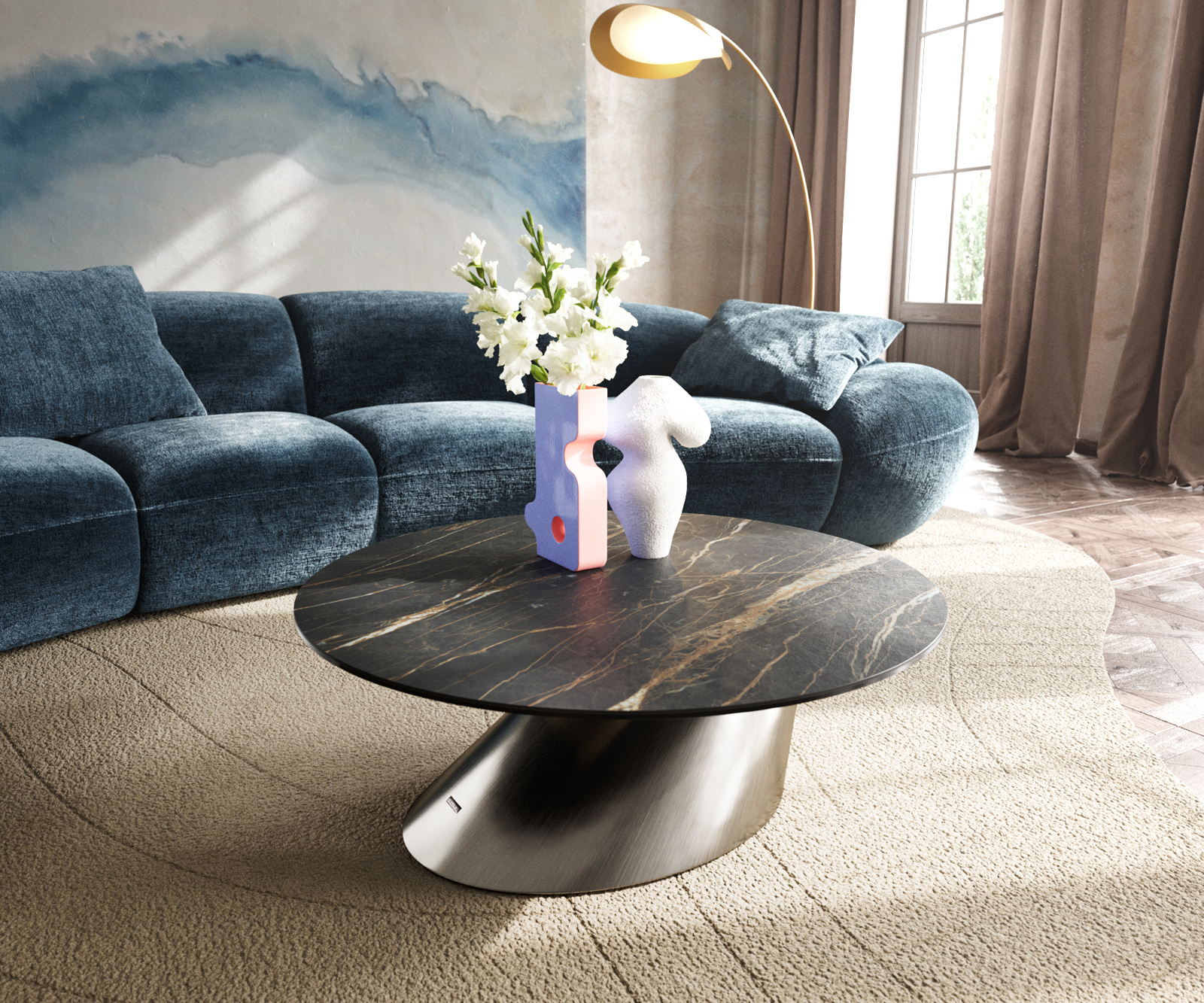 Dohányzóasztal Edge kerek 90x90 cm Laminam® kerámia Noir Desir barna Conis rozsdamentes acél szálcsiszolt