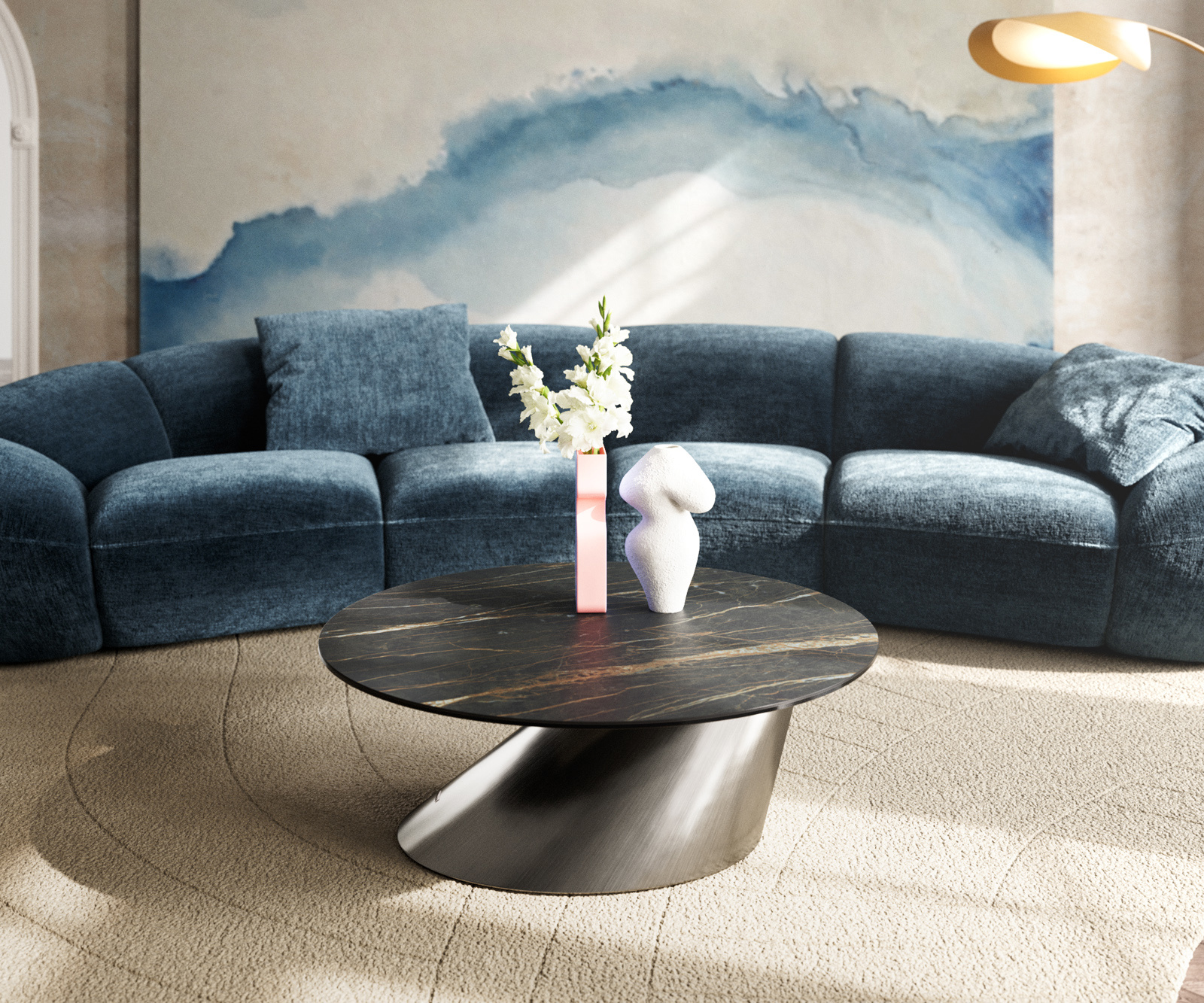 Dohányzóasztal Edge kerek 90x90 cm Laminam® kerámia Noir Desir barna Conis rozsdamentes acél szálcsiszolt - Image 2