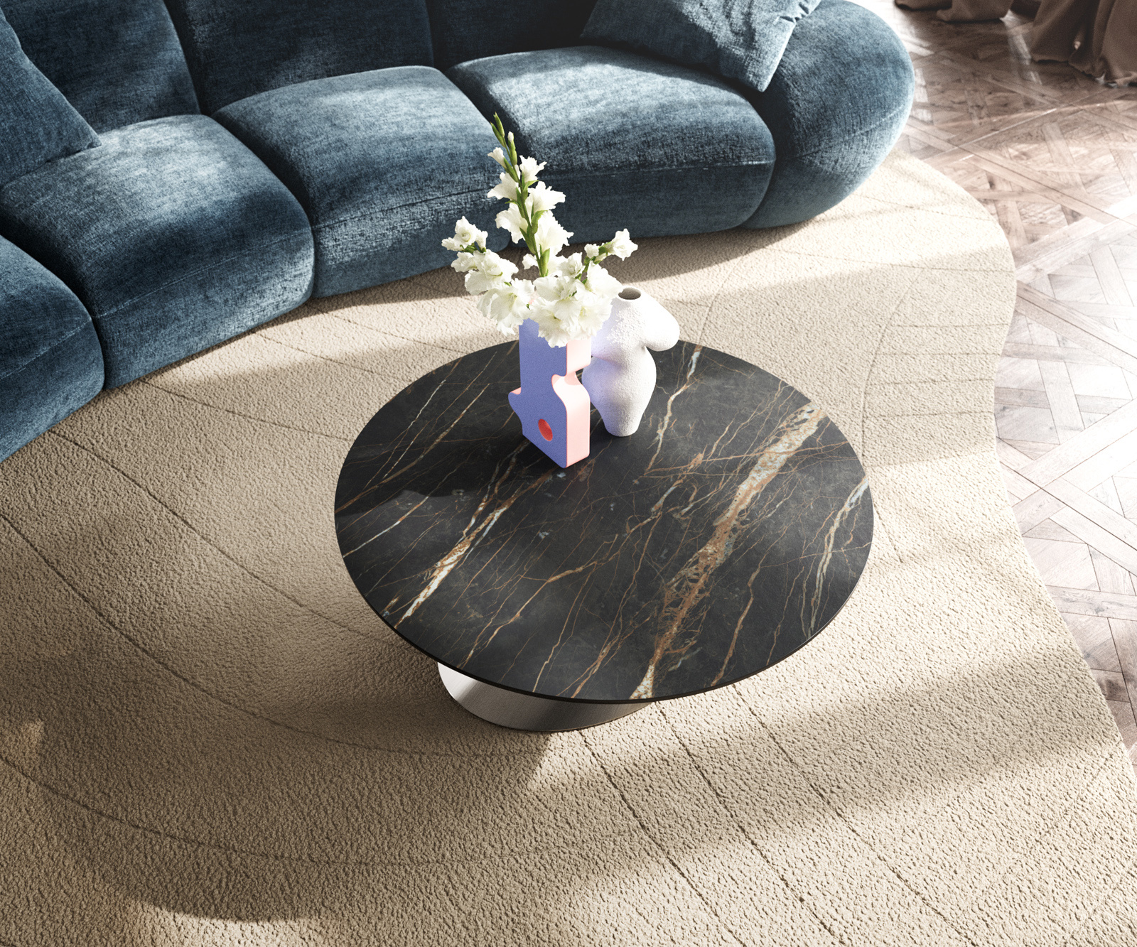 Dohányzóasztal Edge kerek 90x90 cm Laminam® kerámia Noir Desir barna Conis rozsdamentes acél szálcsiszolt - Image 4