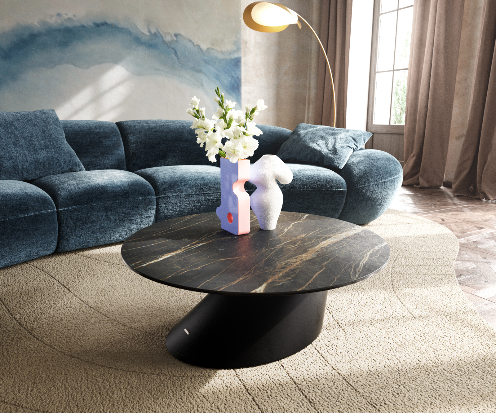 Dohányzóasztal Edge kerek 90x90 cm Laminam® kerámia Noir Desir barna Conis fém fekete