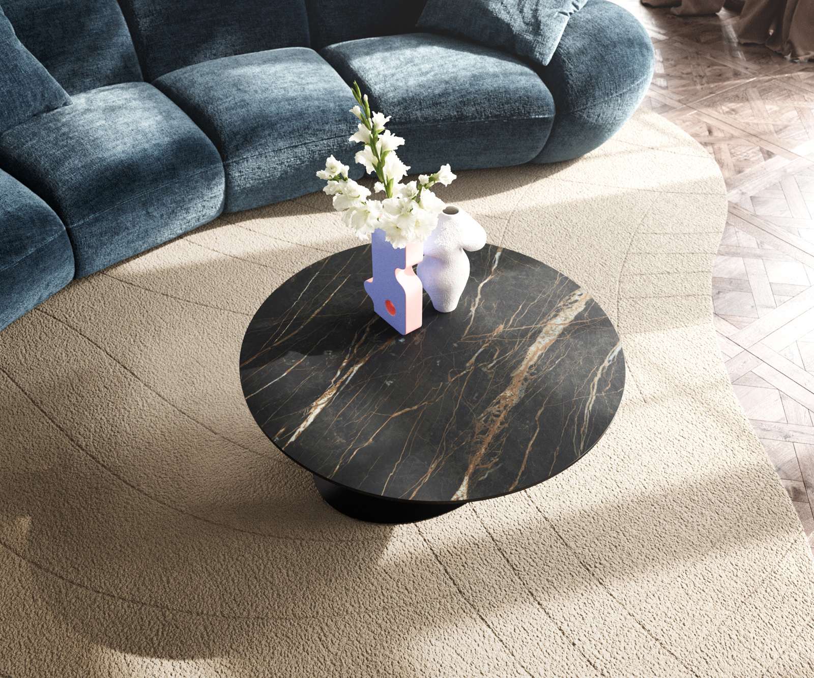 Dohányzóasztal Edge kerek 90x90 cm Laminam® kerámia Noir Desir barna Conis fém fekete - Image 4
