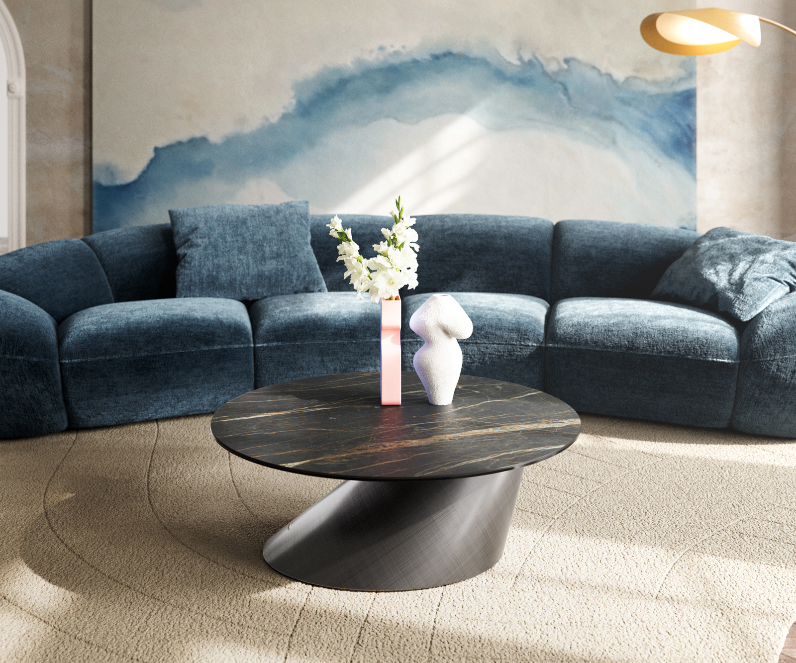 Dohányzóasztal Edge kerek 90x90 cm Laminam® kerámia Noir Desir barna Conis metál ezüst - Image 2