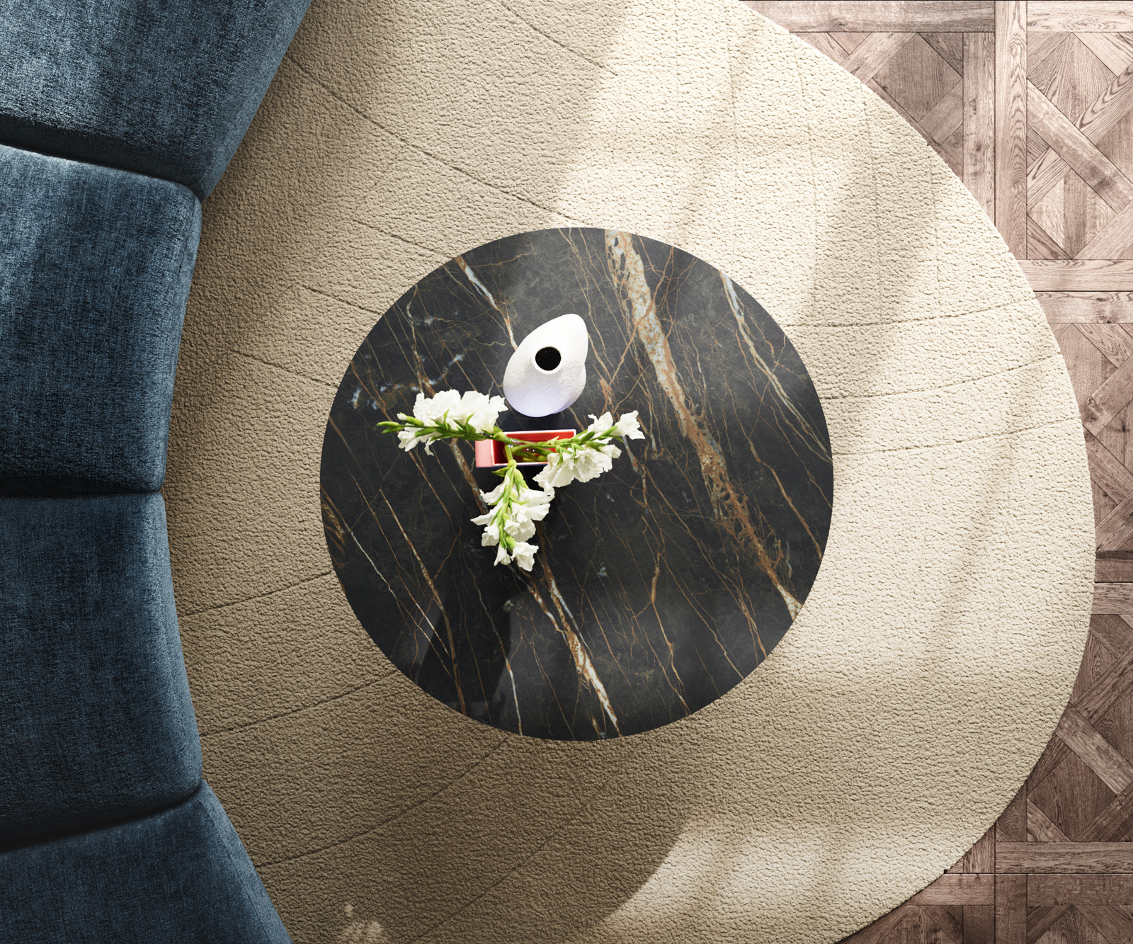 Dohányzóasztal Edge kerek 90x90 cm Laminam® kerámia Noir Desir barna Conis metál ezüst - Image 6