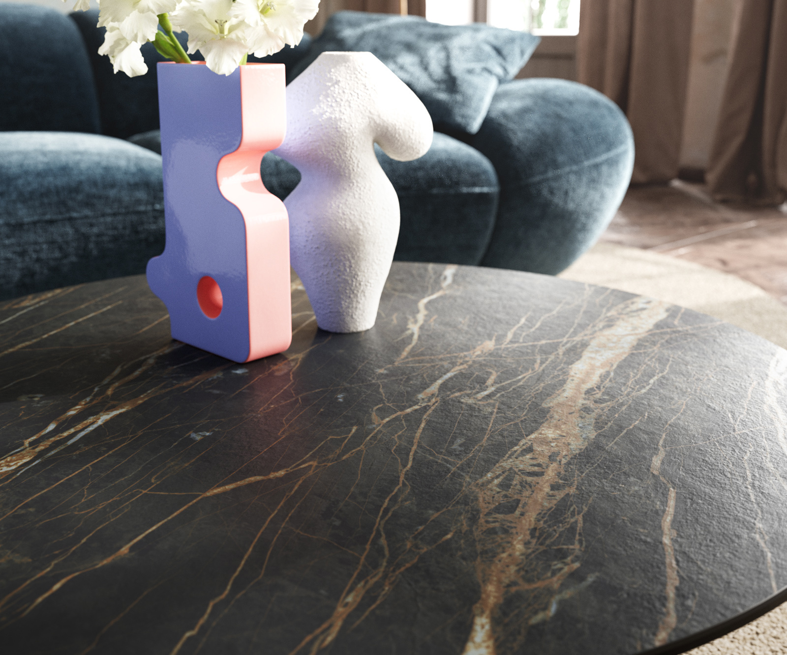 Dohányzóasztal Edge kerek 90x90 cm Laminam® kerámia Noir Desir barna Conis metál ezüst - Image 7