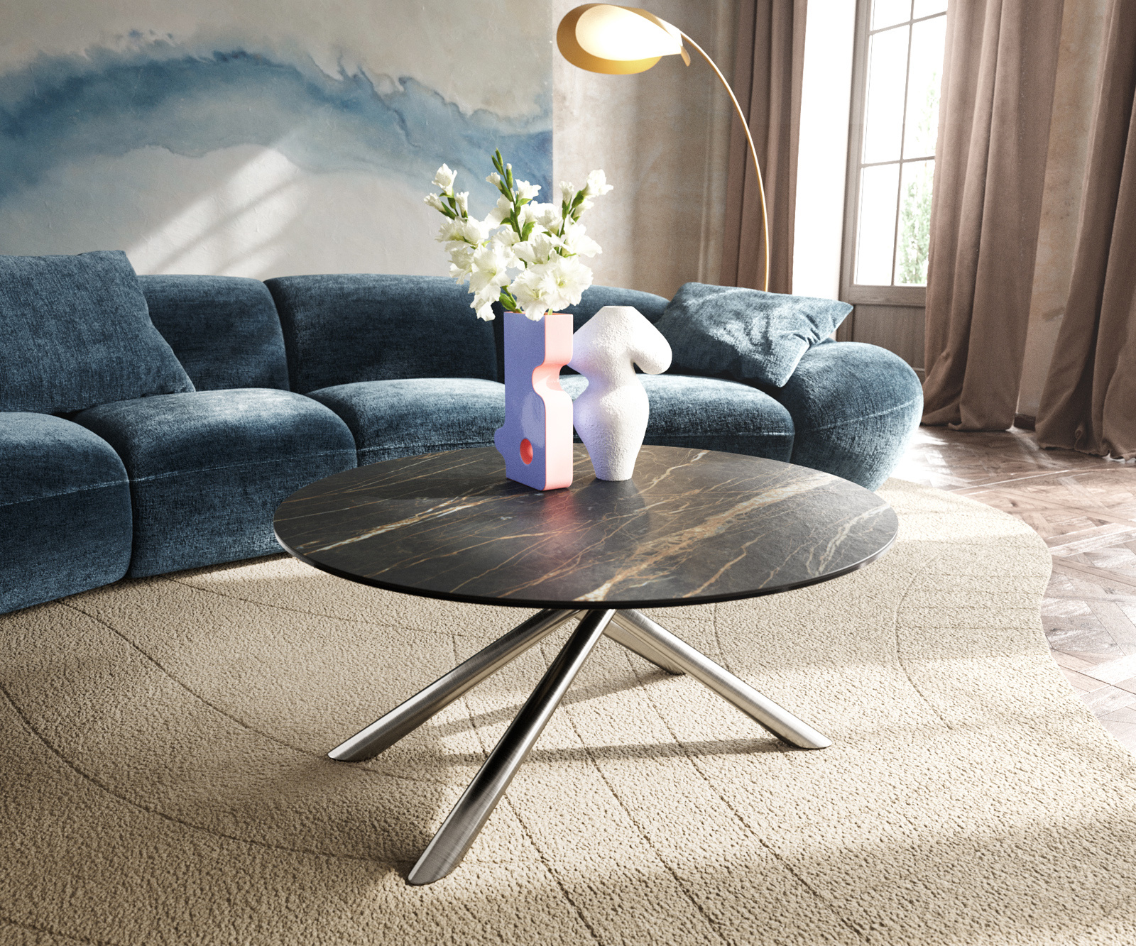 Dohányzóasztal Edge kerek 90x90 cm Laminam® kerámia Noir Desir barna rozsdamentes acél szálcsiszolt
