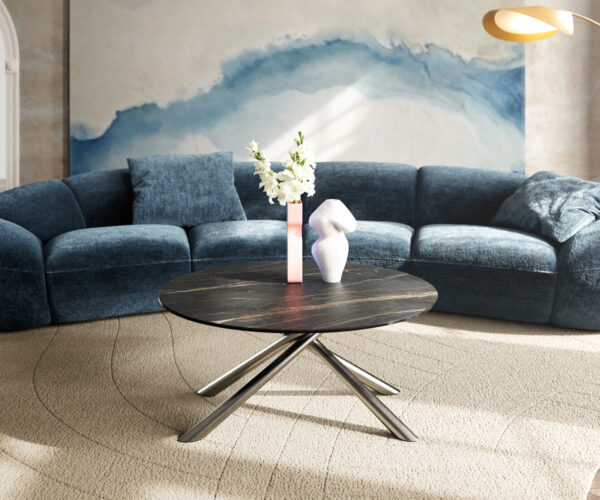 Dohányzóasztal Edge kerek 90x90 cm Laminam® kerámia Noir Desir barna rozsdamentes acél szálcsiszolt - Image 2