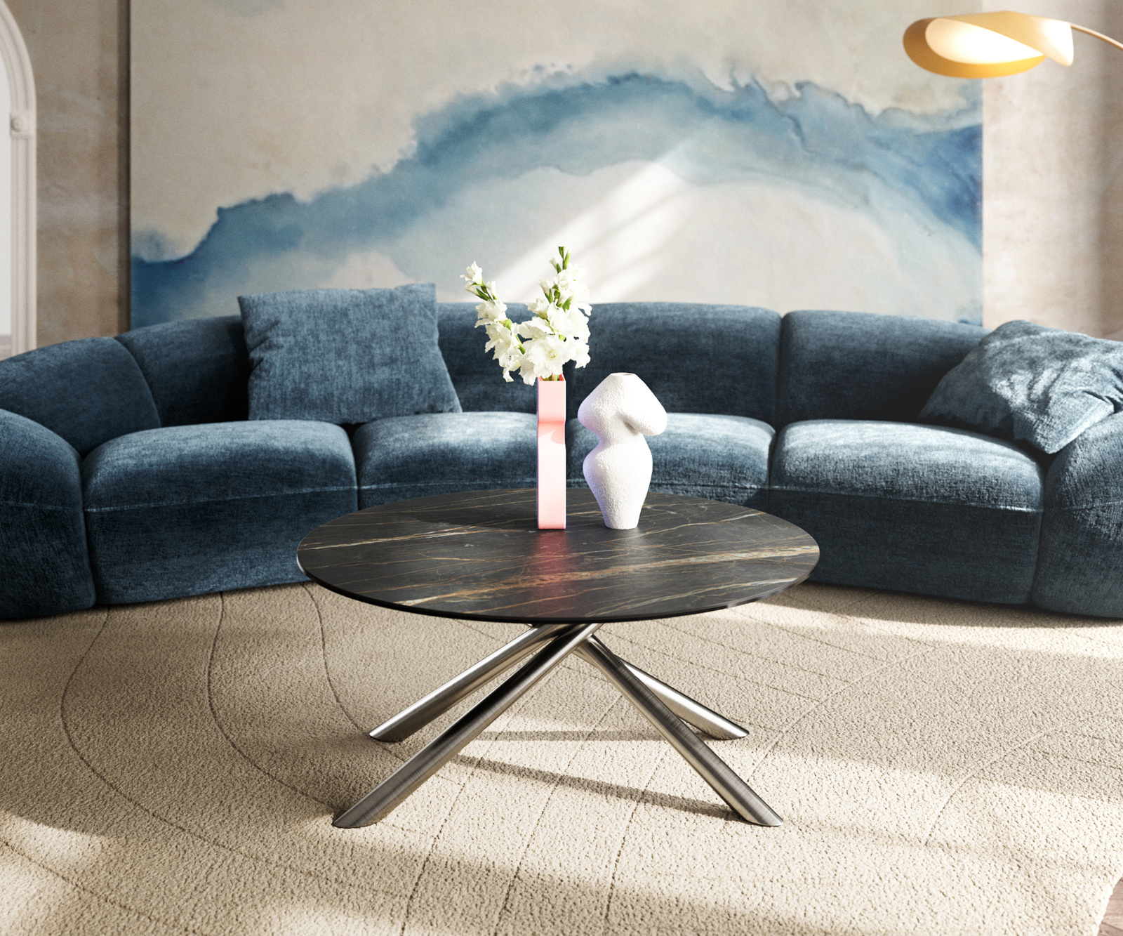 Dohányzóasztal Edge kerek 90x90 cm Laminam® kerámia Noir Desir barna rozsdamentes acél szálcsiszolt - Image 2