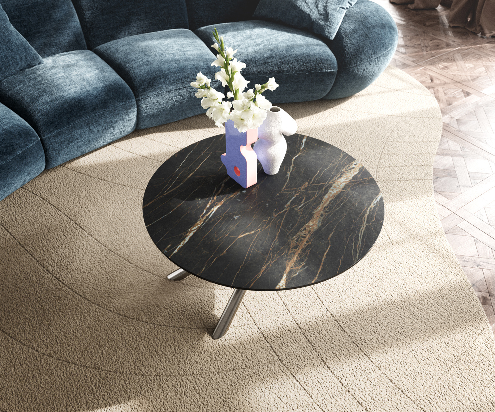 Dohányzóasztal Edge kerek 90x90 cm Laminam® kerámia Noir Desir barna rozsdamentes acél szálcsiszolt - Image 4