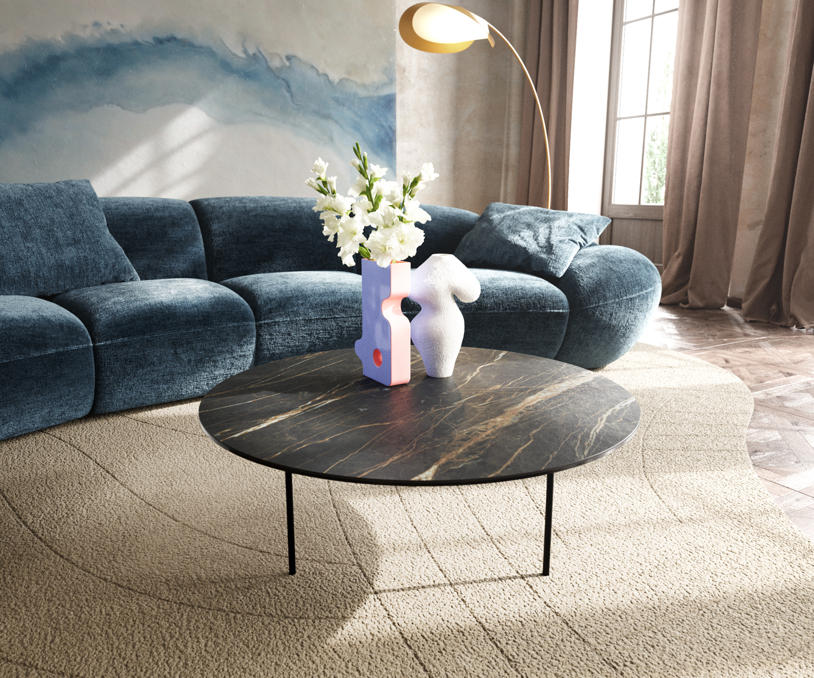 Dohányzóasztal Edge kerek 90x90 cm Laminam® kerámia Noir Desir barna Trive fém fekete