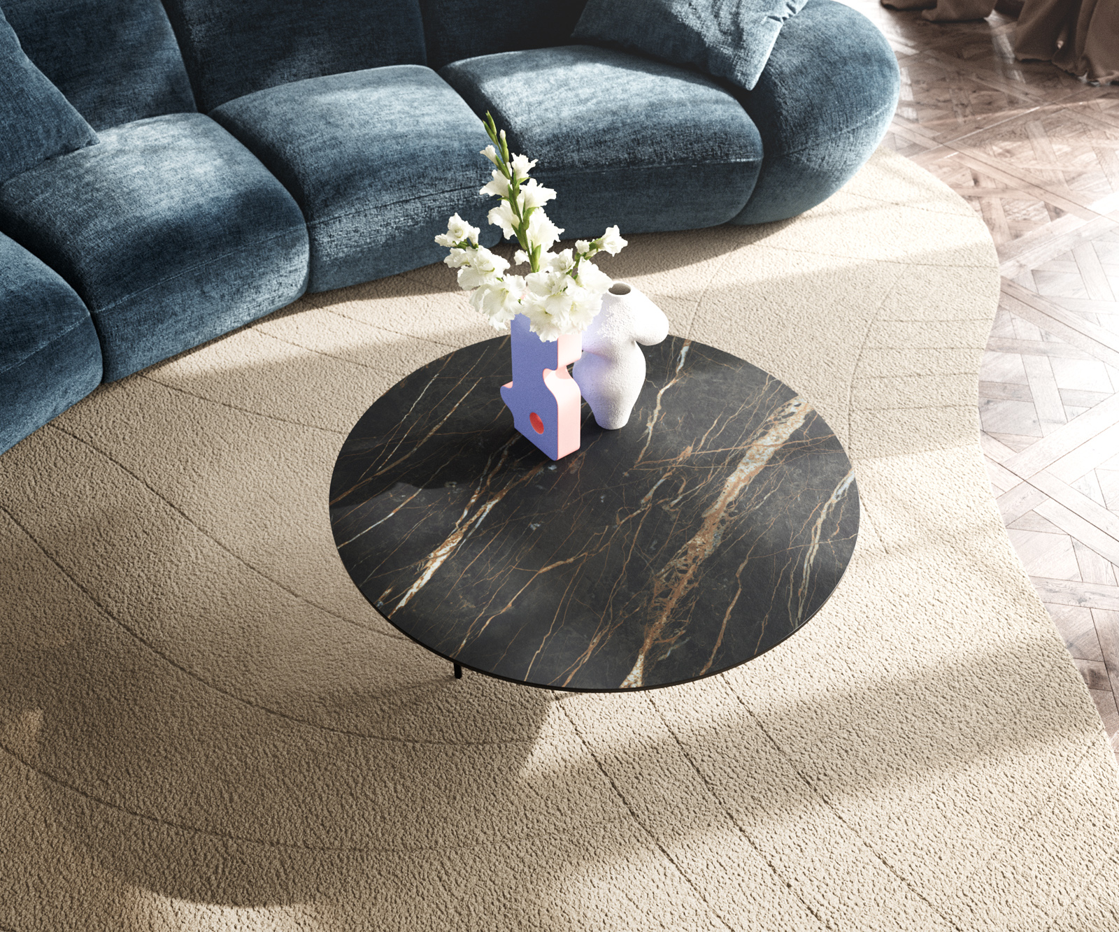 Dohányzóasztal Edge kerek 90x90 cm Laminam® kerámia Noir Desir barna Trive fém fekete - Image 4