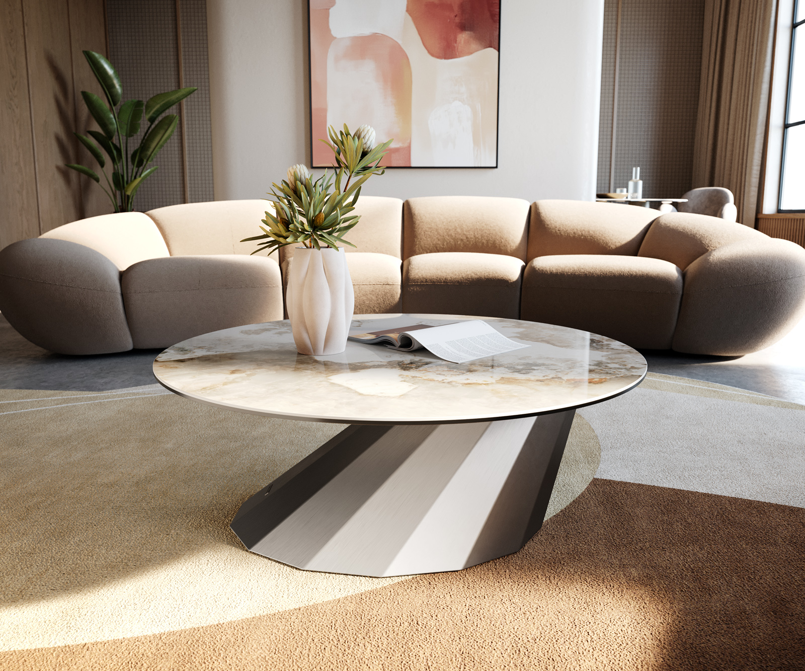 Dohányzóasztal Edge kerek 90x90 cm kerámia Minas Melange Parabi rozsdamentes acél szálcsiszolt - Image 4