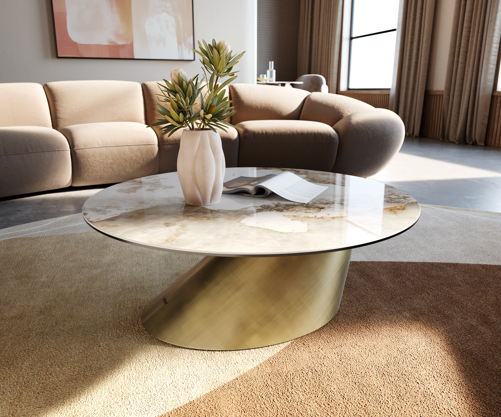 Dohányzóasztal Edge kerek 90x90 cm kerámia Minas Melange Conis metál arany