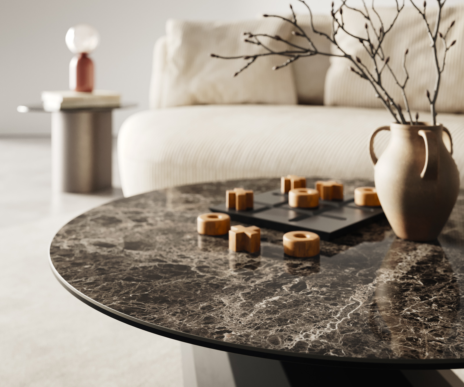 Dohányzóasztal Edge kerek 90x90 cm Laminam® Emperador extra polírozott sötétbarna Parabi fém fekete - Image 4