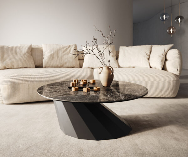Dohányzóasztal Edge kerek 90x90 cm Laminam® Emperador extra polírozott sötétbarna Parabi fém fekete - Image 6