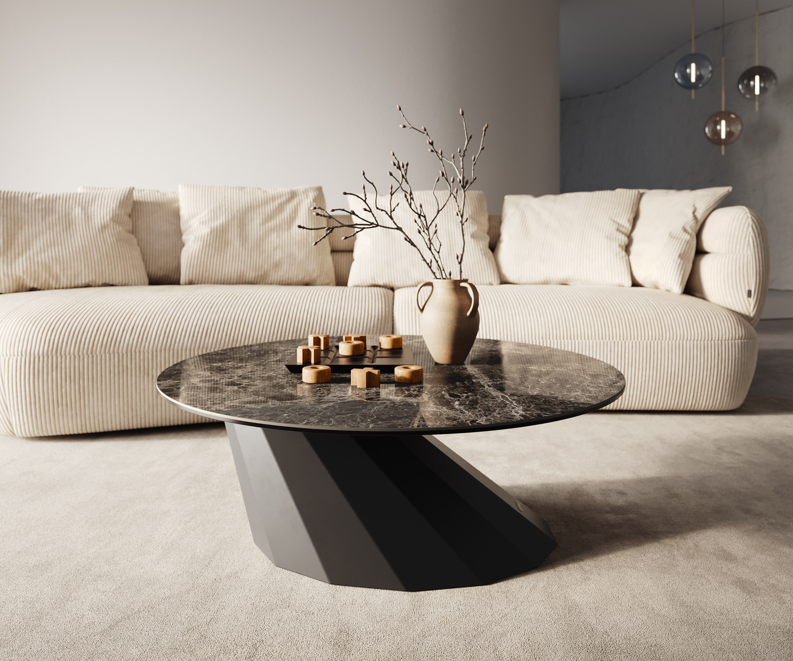 Dohányzóasztal Edge kerek 90x90 cm Laminam® Emperador extra polírozott sötétbarna Parabi fém fekete - Image 6