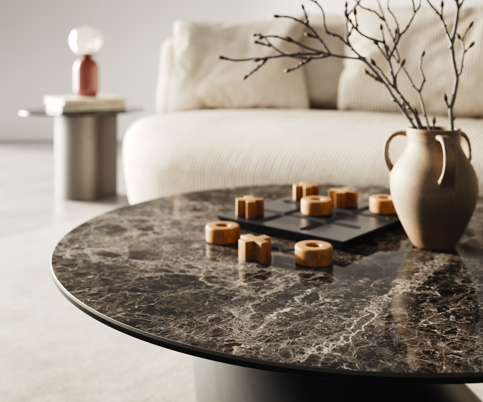 Dohányzóasztal Edge kerek 90x90 cm Laminam® Emperador extra polírozott sötétbarna Conis fém fekete - Image 4