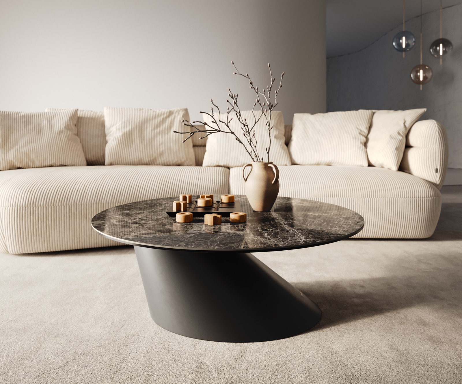 Dohányzóasztal Edge kerek 90x90 cm Laminam® Emperador extra polírozott sötétbarna Conis fém fekete - Image 6