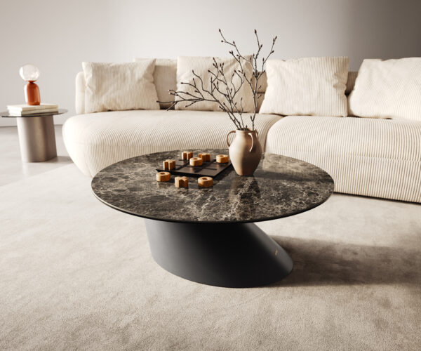 Dohányzóasztal Edge kerek 90x90 cm Laminam® Emperador extra polírozott sötétbarna Conis fém fekete