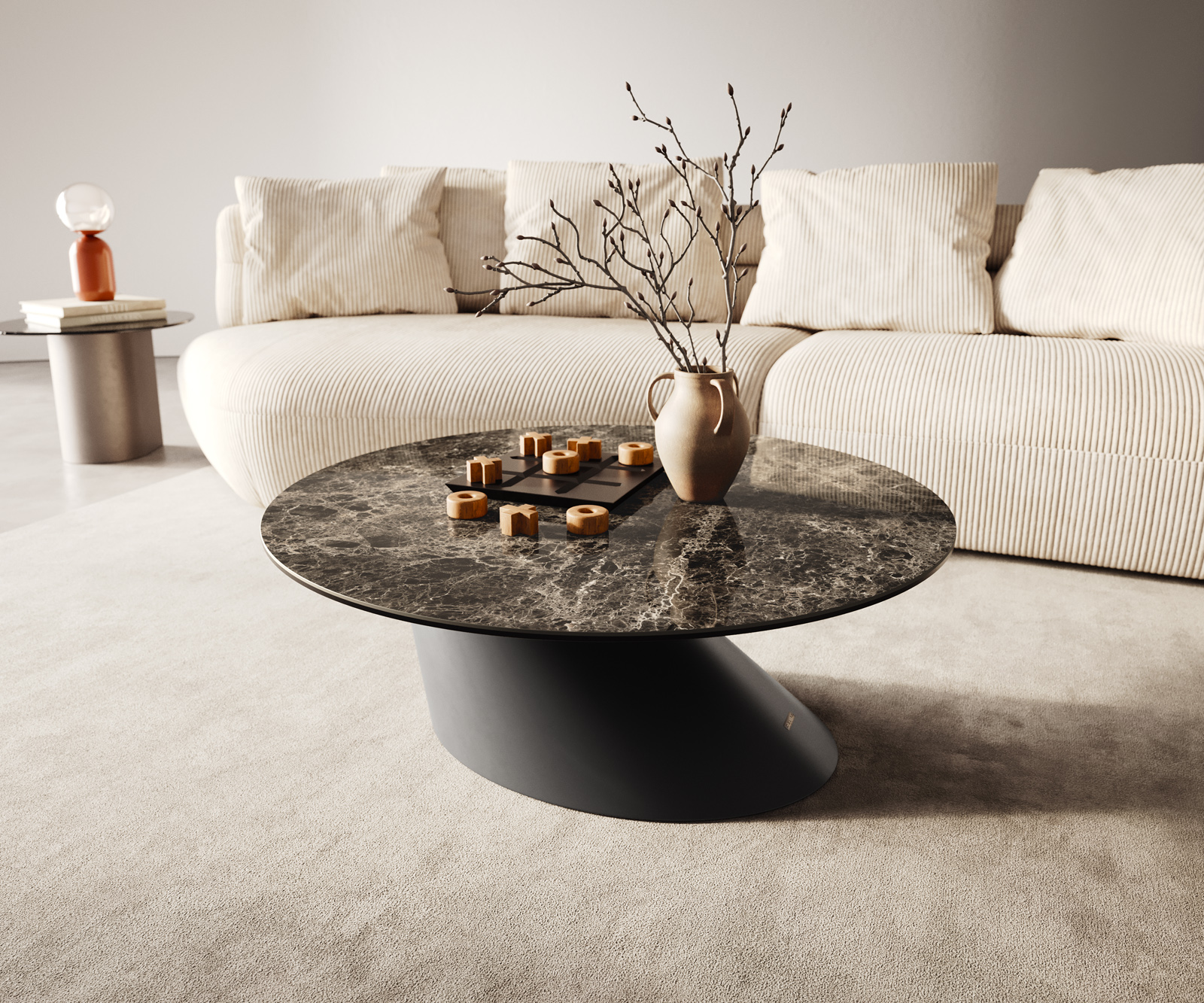 Dohányzóasztal Edge kerek 90x90 cm Laminam® Emperador extra polírozott sötétbarna Conis fém fekete