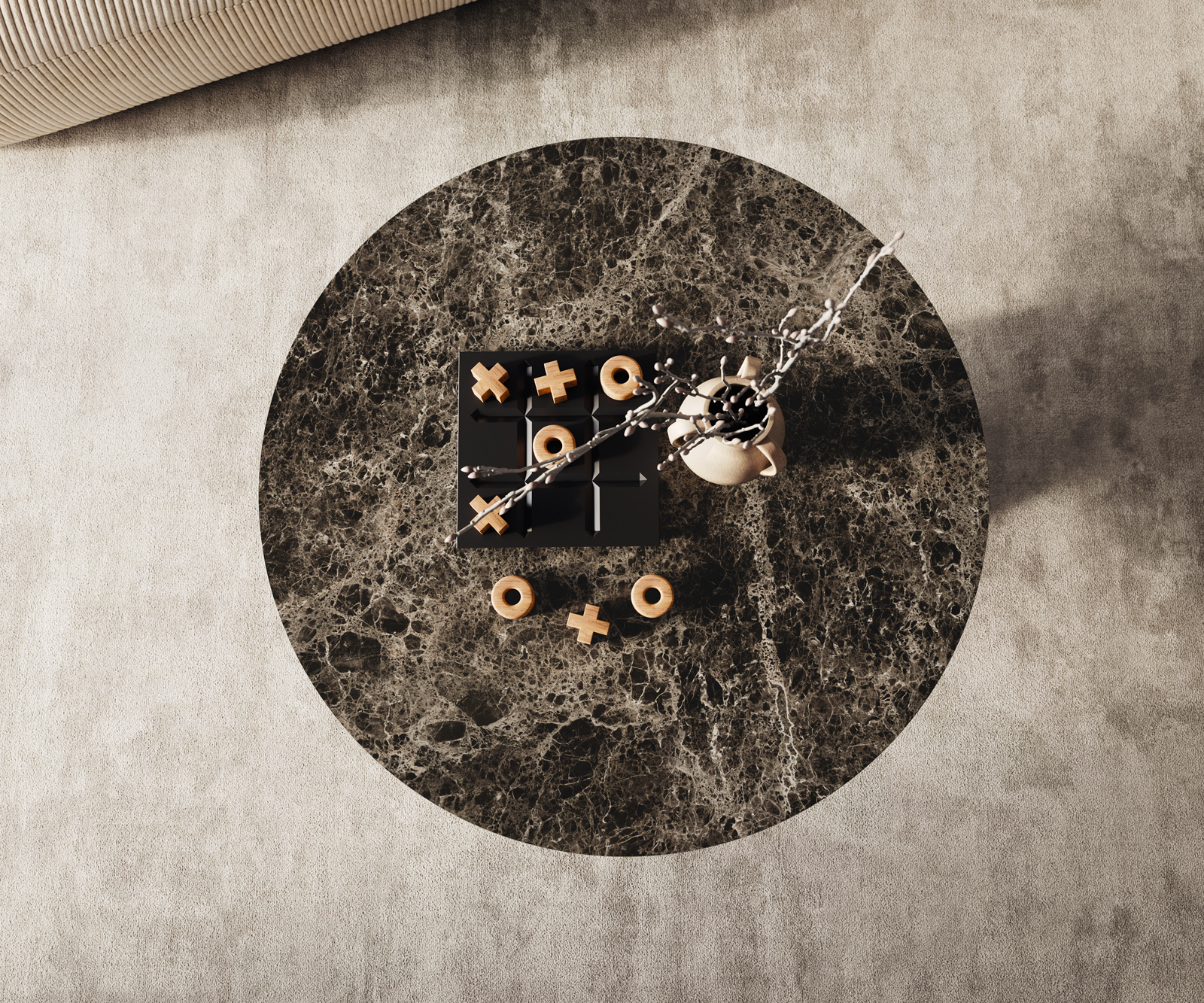 Dohányzóasztal Edge kerek 90x90 cm Laminam® Emperador extra polírozott sötétbarna Conis fém fekete - Image 2